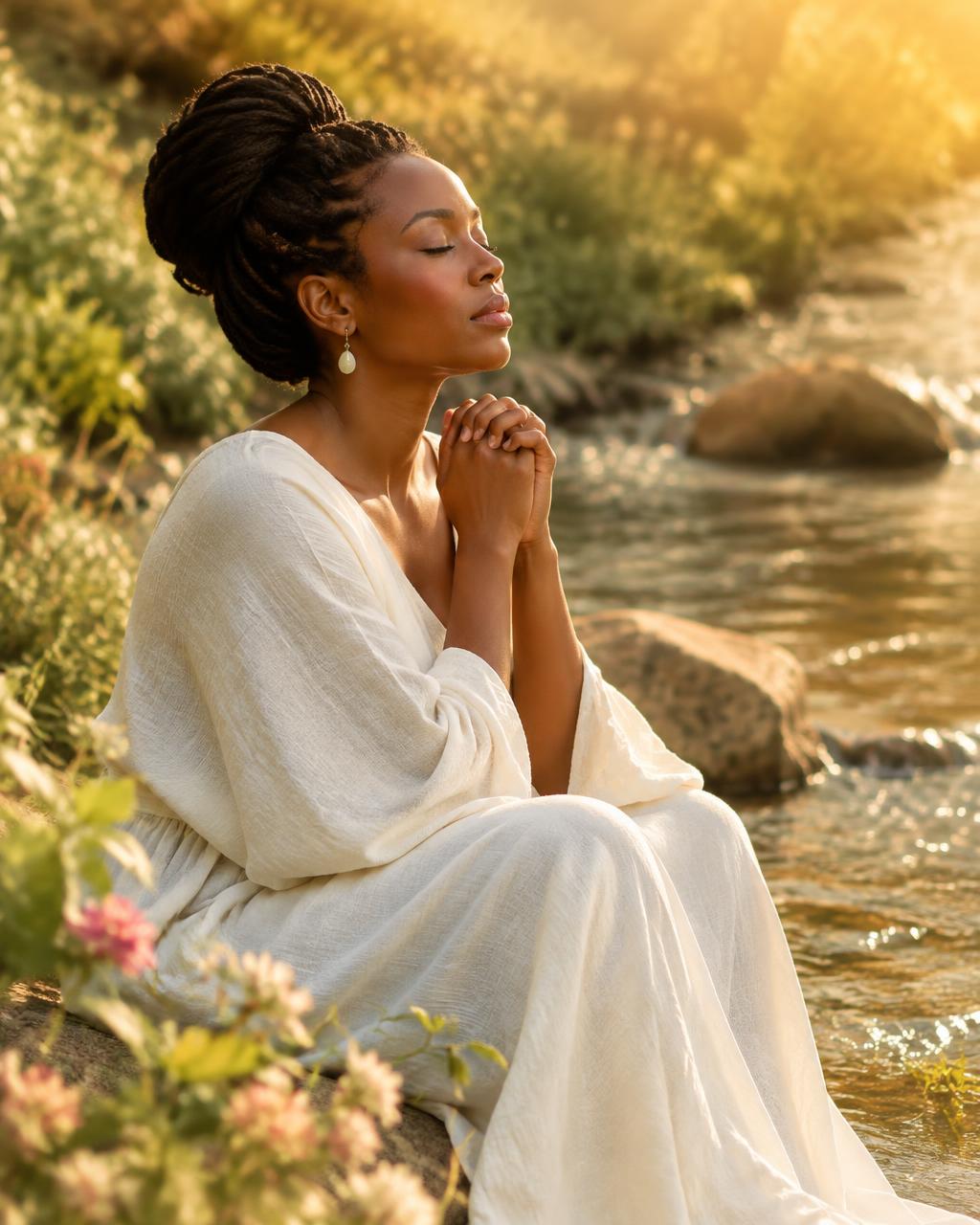 Woman in quiet prayer beside a flowing stream at sunrise